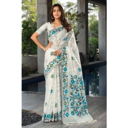Women's Cotton Printed Saree With Unstitched Blouse (White, 5-6 Mtrs)