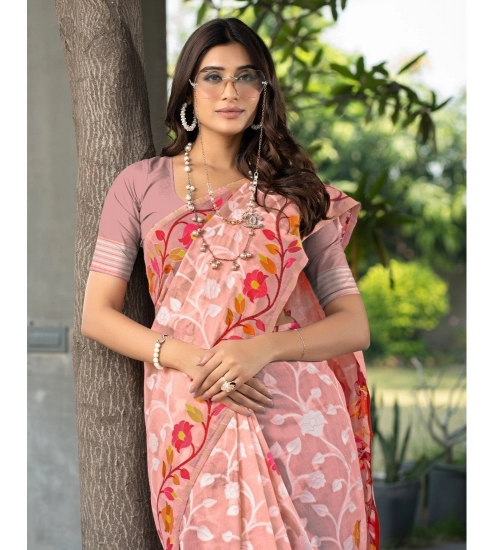 Women's Cotton Printed Saree With Unstitched Blouse (Peach, 5-6 Mtrs)