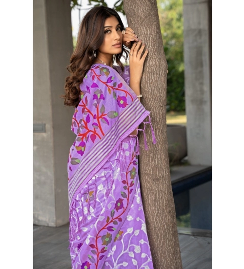 Women's Cotton Printed Saree With Unstitched Blouse (Lavender, 5-6 Mtrs)