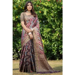 Women's Organza Printed Saree With Unstitched Blouse (Wine, 5-6 Mtrs)