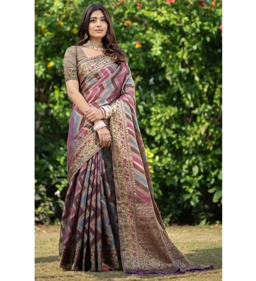 Women's Organza Printed Saree With Unstitched Blouse (Wine, 5-6 Mtrs)