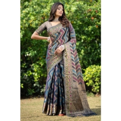 Women's Organza Printed Saree With Unstitched Blouse (Teal, 5-6 Mtrs)