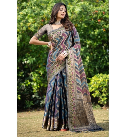 Women's Organza Printed Saree With Unstitched Blouse (Teal, 5-6 Mtrs)