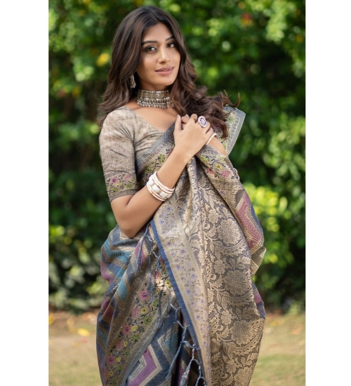 Women's Organza Printed Saree With Unstitched Blouse (Teal, 5-6 Mtrs)