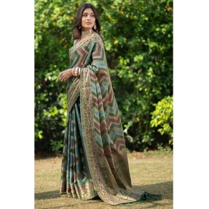 Generic Women's Organza Printed Saree With Unstitched Blouse (Green, 5-6 Mtrs)