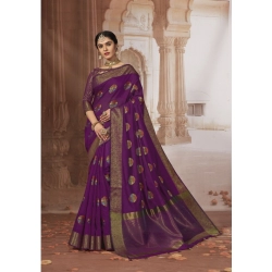 Women's Chanderi Cotton Printed Saree With Unstitched Blouse (Purple, 5-6 Mtrs)