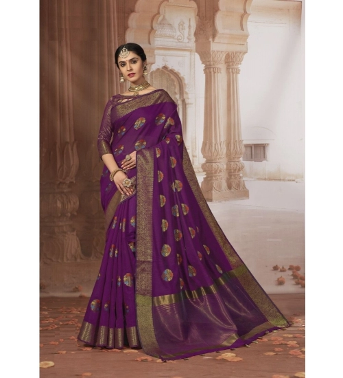 Women's Chanderi Cotton Printed Saree With Unstitched Blouse (Purple, 5-6 Mtrs)