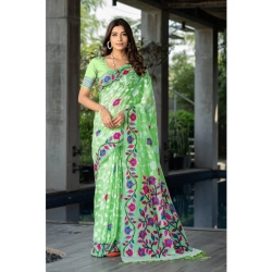 Women's Cotton Printed Saree With Unstitched Blouse (Green, 5-6 Mtrs)