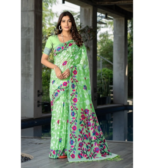 Women's Cotton Printed Saree With Unstitched Blouse (Green, 5-6 Mtrs)