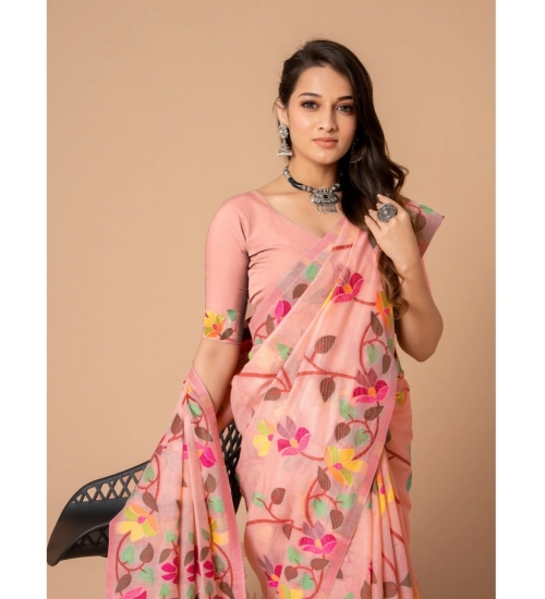 Women's Cotton Printed Saree With Unstitched Blouse (Pink, 5-6 Mtrs)