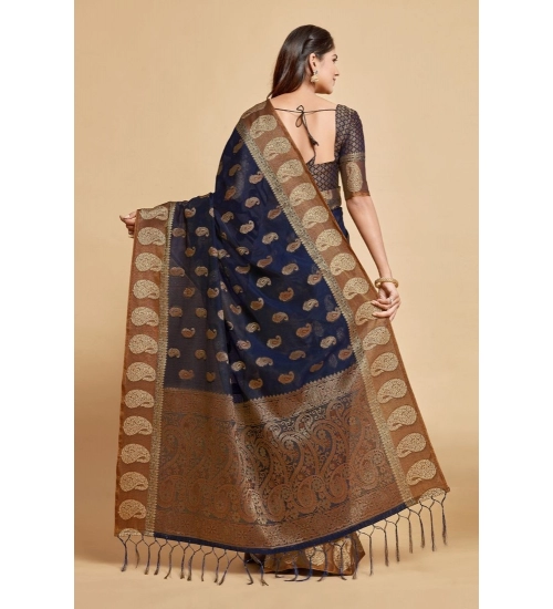 Women's Chanderi Cotton Printed Saree With Unstitched Blouse (Navy Blue, 5-6 Mtrs)