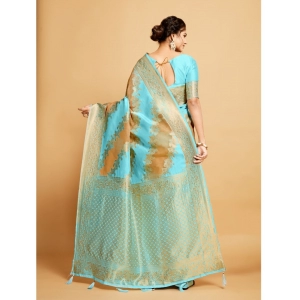 Generic Women's Linen Printed Saree With Unstitched Blouse (Sky Blue, 5-6 Mtrs)