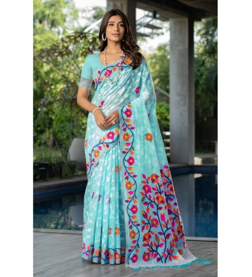 Women's Cotton Printed Saree With Unstitched Blouse (Sky Blue, 5-6 Mtrs) Women's Cotton Printed Saree With Unstitched Blouse (Sky Blue, 5-6 Mtrs)