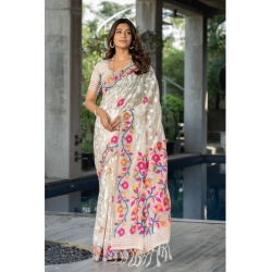 Women's Cotton Printed Saree With Unstitched Blouse (Off-White, 5-6 Mtrs)