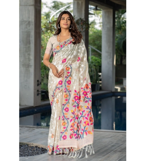 Women's Cotton Printed Saree With Unstitched Blouse (Off-White, 5-6 Mtrs)
