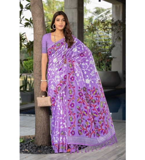 Women's Cotton Printed Saree With Unstitched Blouse (Lavender, 5-6 Mtrs)