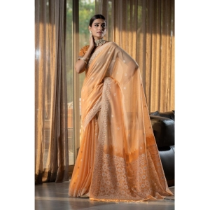 Generic Women's Mulmul Cotton Printed Saree With Unstitched Blouse (Orange, 5-6 Mtrs)