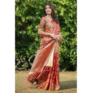 Generic Women's Organza Printed Saree With Unstitched Blouse (Orange, 5-6 Mtrs)