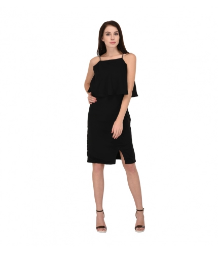 Women's Cotton Blend Solid Sleeveless Dress (Black)