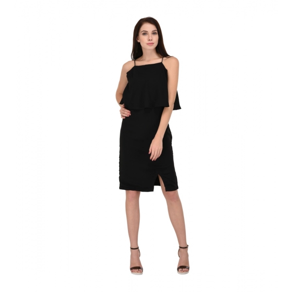 Dropship Women's Cotton Blend Solid Sleeveless Dress (Black)