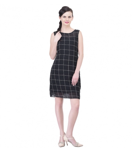 Women's Cotton Blend Checked Sleeveless Sheath Dress (Black)
