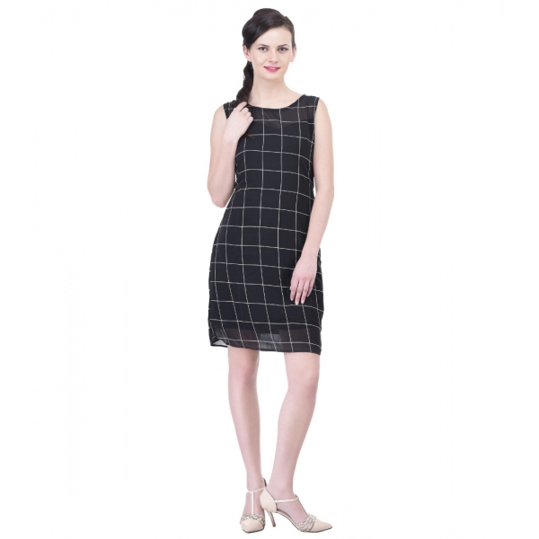 Dropship Women's Cotton Blend Checked Sleeveless Sheath Dress (Black)