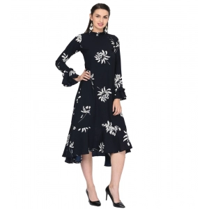 Generic Women's Cotton Blend Floral Full Sleeves Dress (Black)
