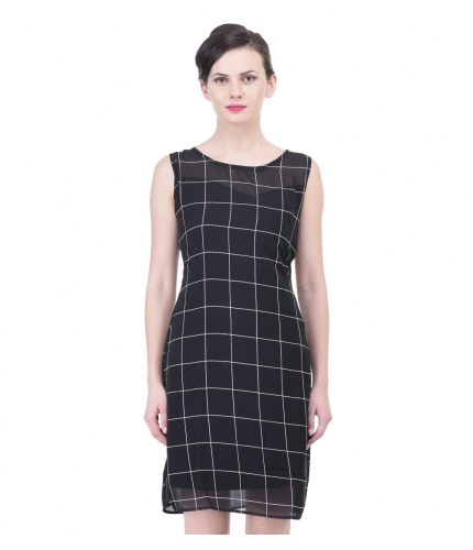 Women's Cotton Blend Checked Sleeveless Sheath Dress (Black)