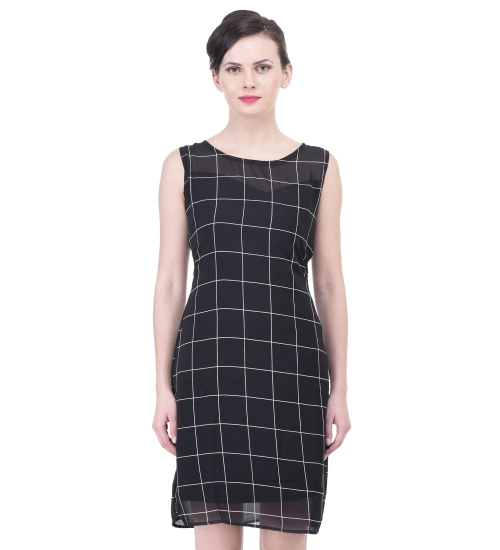 Women's Cotton Blend Checked Sleeveless Sheath Dress (Black)