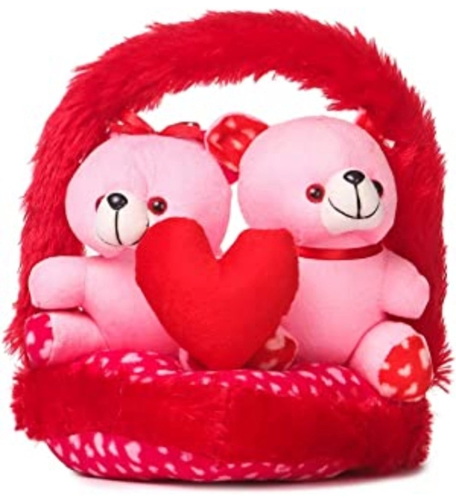 Teddy Bear Couple Love in Basket (Red And Pink)