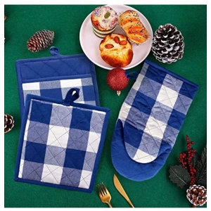 Generic Checked Cotton Oven Mitten and Pot Holder Sets (Blue)