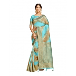 Women's Linen Printed Saree With Unstitched Blouse (Sky Blue, 5-6 Mtrs)