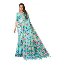 Women's Cotton Printed Saree With Unstitched Blouse (Sky Blue, 5-6 Mtrs)