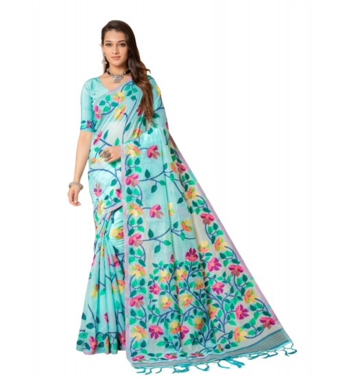 Women's Cotton Printed Saree With Unstitched Blouse (Sky Blue, 5-6 Mtrs) Women's Cotton Printed Saree With Unstitched Blouse (Sky Blue, 5-6 Mtrs)