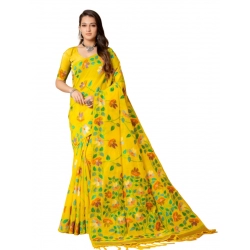 Women's Cotton Printed Saree With Unstitched Blouse (Yellow, 5-6 Mtrs)