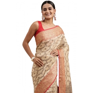 Generic Women's Chanderi Cotton Printed Saree With Unstitched Blouse (Beige, 5-6 Mtrs)