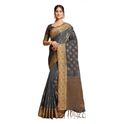 Women's Chanderi Cotton Printed Saree With Unstitched Blouse (Grey, 5-6 Mtrs)