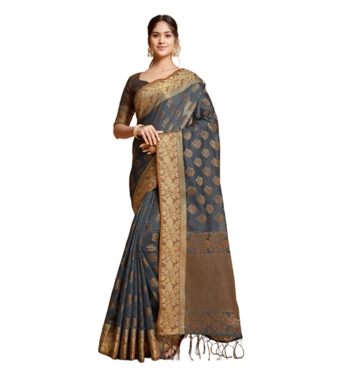 Women's Chanderi Cotton Printed Saree With Unstitched Blouse (Grey, 5-6 Mtrs)