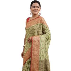 Generic Women's Chanderi Cotton Printed Saree With Unstitched Blouse (Pista, 5-6 Mtrs)