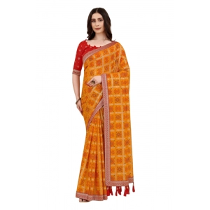 Generic Women's Soft Silk Printed Saree With Unstitched Blouse (Mustard, 5-6 Mtrs)