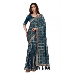 Generic Women's Soft Silk Printed Saree With Unstitched Blouse (Teal, 5-6 Mtrs)