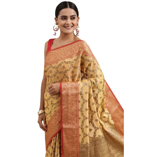 Women's Chanderi Cotton Printed Saree With Unstitched Blouse (Yellow, 5-6 Mtrs)