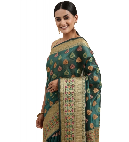 Women's Organza Printed Saree With Unstitched Blouse (Sea Green, 5-6 Mtrs)