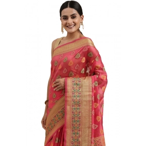 Generic Women's Organza Printed Saree With Unstitched Blouse (Pink, 5-6 Mtrs)
