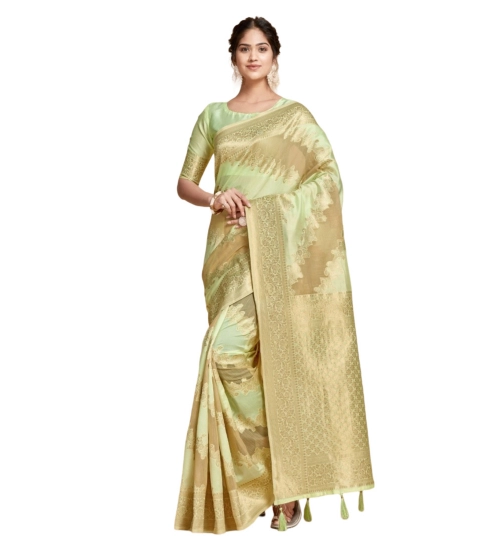 Women's Linen Printed Saree With Unstitched Blouse (Pista, 5-6 Mtrs)