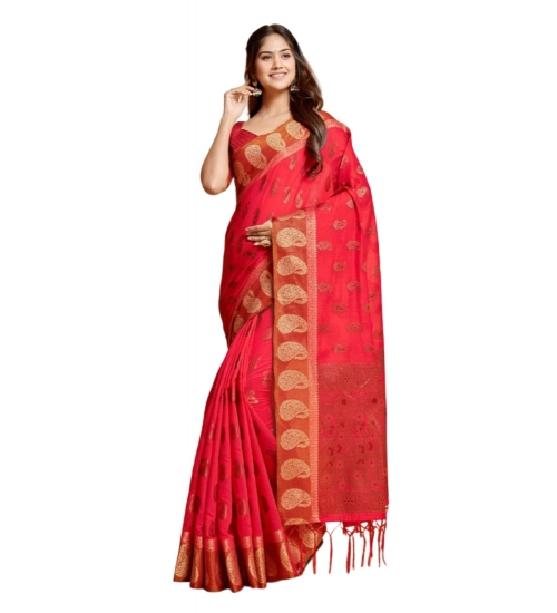 Women's Chanderi Cotton Printed Saree With Unstitched Blouse (Pink, 5-6 Mtrs)