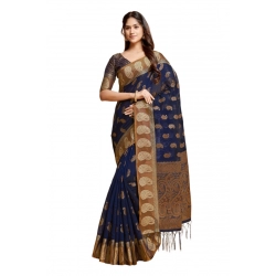 Women's Chanderi Cotton Printed Saree With Unstitched Blouse (Navy Blue, 5-6 Mtrs)