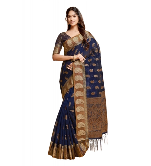 Women's Chanderi Cotton Printed Saree With Unstitched Blouse (Navy Blue, 5-6 Mtrs)