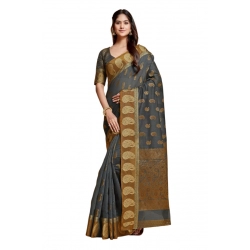Women's Chanderi Cotton Printed Saree With Unstitched Blouse (Grey, 5-6 Mtrs)