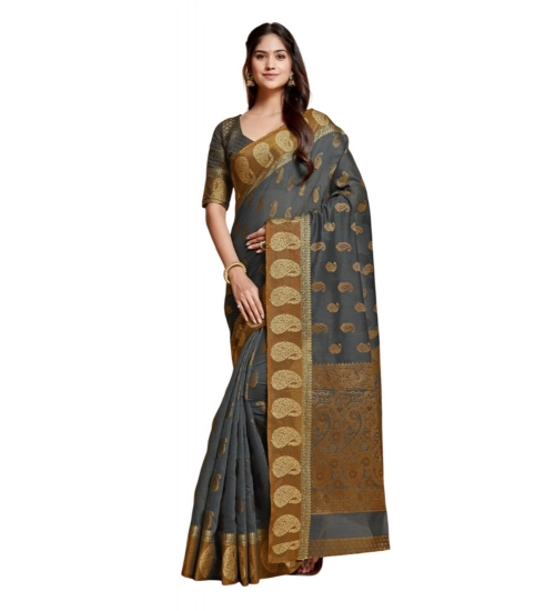 Women's Chanderi Cotton Printed Saree With Unstitched Blouse (Grey, 5-6 Mtrs)